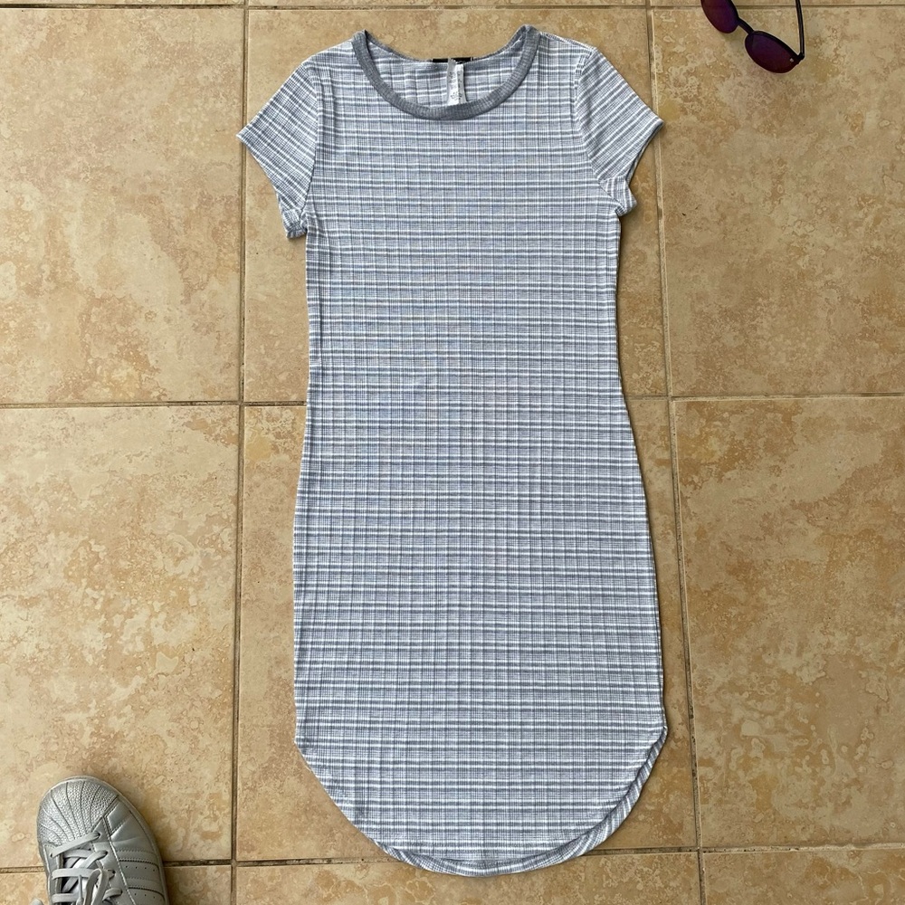 Ambiance Mini Bodycon Grey And White Striped Dress